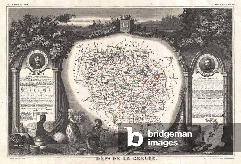 1852, Levasseur Map of the Department La Creuse, France