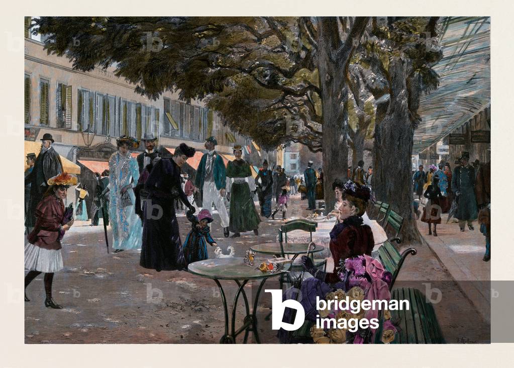 The Promenade Carlsbad, Karlsbad. Promenade Under the Trees with People Walking, Children Playing and Ladies Seated with Flowers. Karlsbad or Karlovy Vary in the Czech Republic. Food and Drink, Liszt Gourmet Archive. Summer, City, Outdoor, People, Street, Sun, Recreation, Style, European, Caucasian, Europe