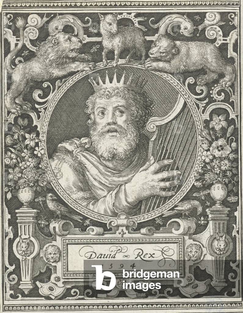 Portrait of King David, medallion inside rectangular frame with ornaments, print maker: Nicolaes de Bruyn, 1594 ©LisztCollection/Leemage