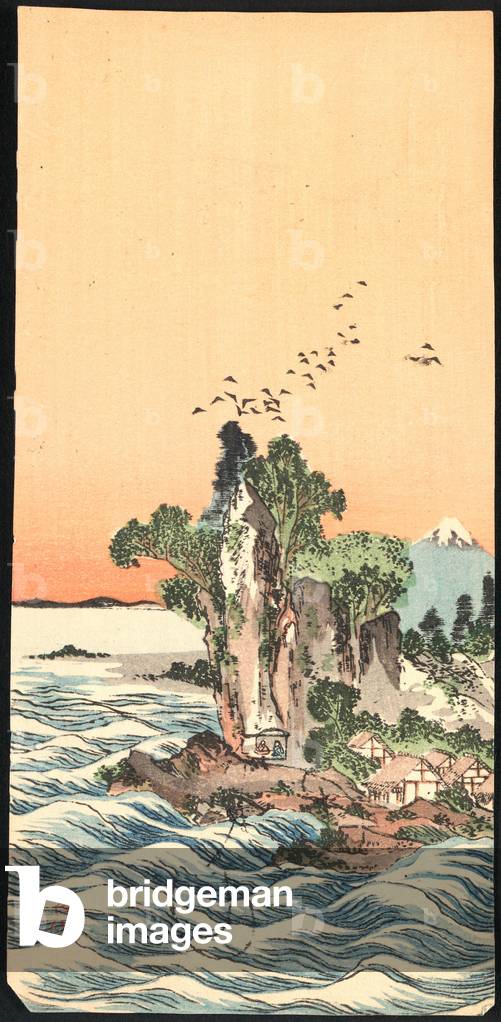 Shichirigahama Zu View of Shichirigahama. Buncho, 1763-1840 or 1841, [Between 1790 and 1840, Printed Later], 1 Print : Woodcut, Color ; 19.2 X 9.4 ., Print Shows a Seacoast Village and Mountain, with View of Mount Fuji in the Background.