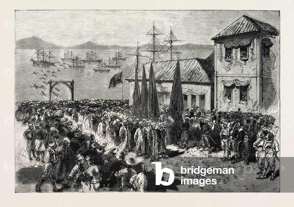 The War in the East,  Disembarkment of a Band of Softas at Salonica, En Route for Servia, Serbia, Engraving 1876