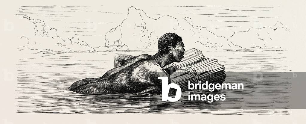 Nubian Swimming On a Bundle of Reeds. Egypt, Engraving 1879
