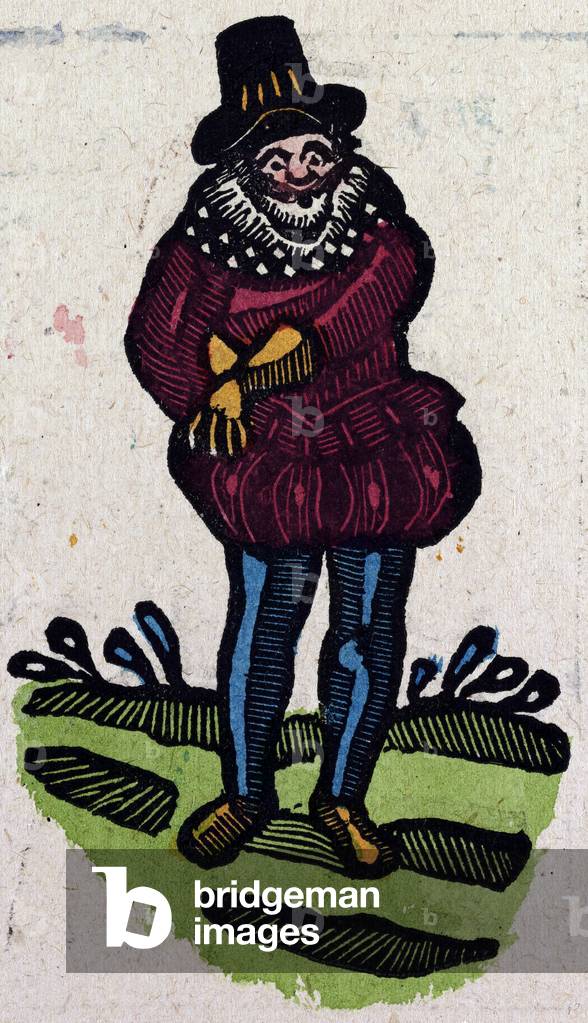 Illustration of English Tales Folk Tales and Ballads. A Man in Colourful Clothes Reaching for Something in His Pocket.
