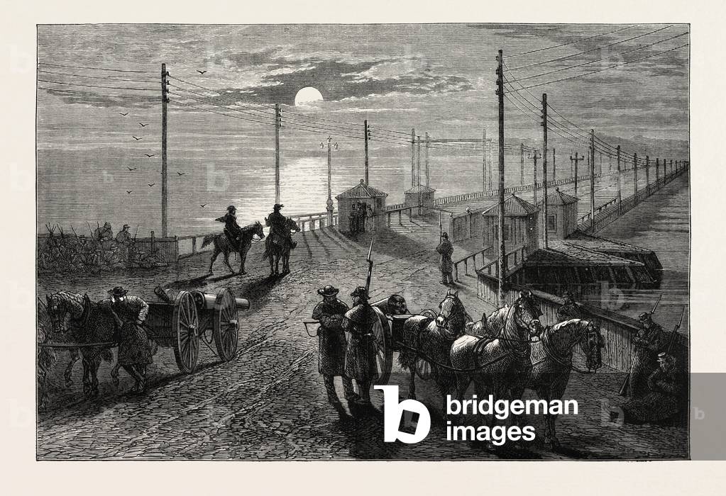 Guarding a Bridge Over the Potomac, American Civil War,USA, 1870s Engraving