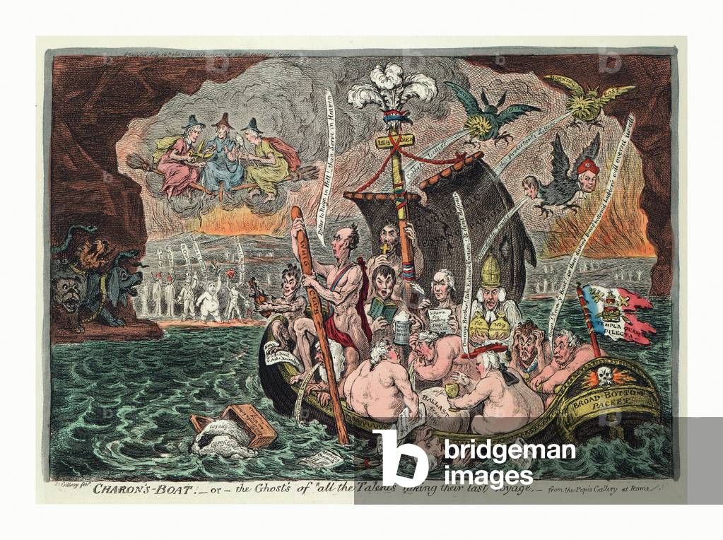 Charon's Boat  or  the Ghosts of All the Talents Taking Their Last Voyage, from the Pope's Gallery at Rome, a Group of Naked Whig Politicians, Including Three Grenvilles, Sheridan, St. Vincent, Moira, Temple, Erskine, Howick, Petty, Whitbread, Sheridan, Windham,and Tomline, Bishop of Lincoln, Crossing the River Styx in a Boat Named the Broad Bottom Packet. Sidmouth's Head Emerges from the Water Next to the Boat. The Boat's Torn Sail Has Inscription Catholic Emancipation and the Center Mast is Crowned with the Prince of Wales Feathers and Motto Ich Dien. On the Far Side the Shades of Cromwell, Charles Fox and Robespierre Wave to Them. Overhead, on Brooms, Are the Three Fates; to the Left a Three-Headed Dog. Above the Boat Three Birds Soil the Boat and Politicians.