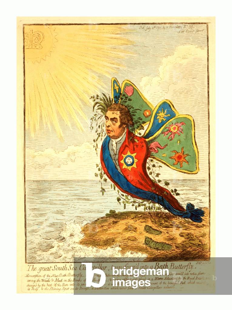 The Great South Sea Caterpillar, Transform'D Into a Bath Butterfly, Gillray, James, 1756-1815, Artist, [London], 1795, the Metamorphosis of Sir Joseph Banks from a Caterpillar to a Butterfly Upon His Investiture with the Order of the Bath As a Result of His South Sea Expedition. Draped with the Ribbon, and Wearing the Jewel, of Bath, He Rises, Chrysalis Shaped, from the Mudflats on Butterfly Wings Emblazoned with Sea Creatures Towards a Radiant Sun Enclosing a Crown.