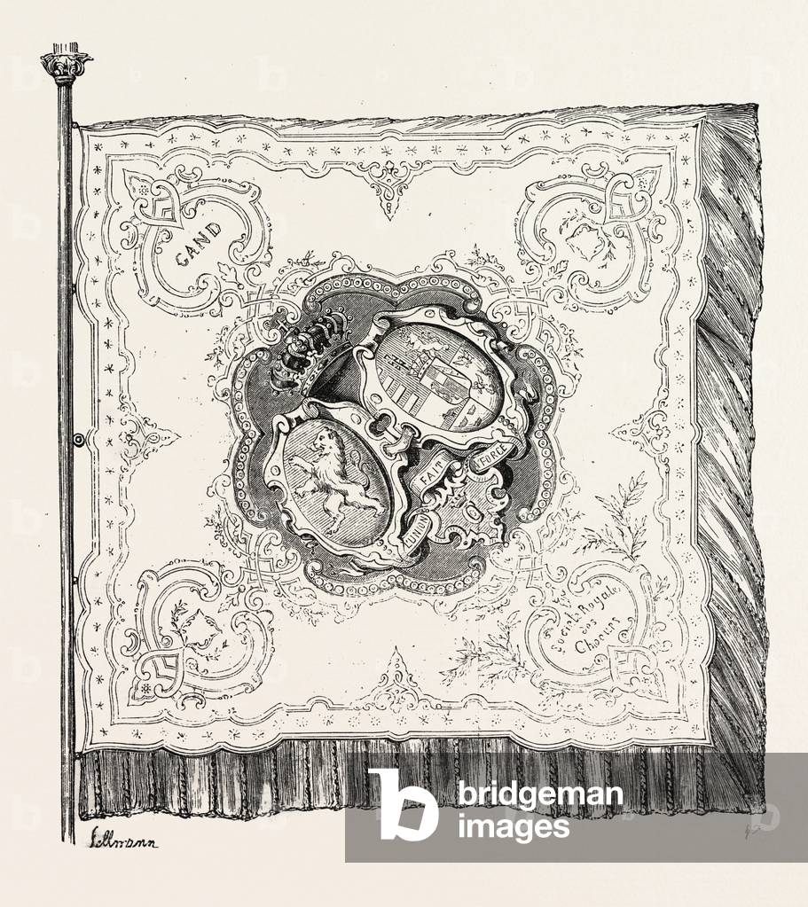 Banner of the Royal Society of Choirs of Ghent, Belgium. Engraving 1855