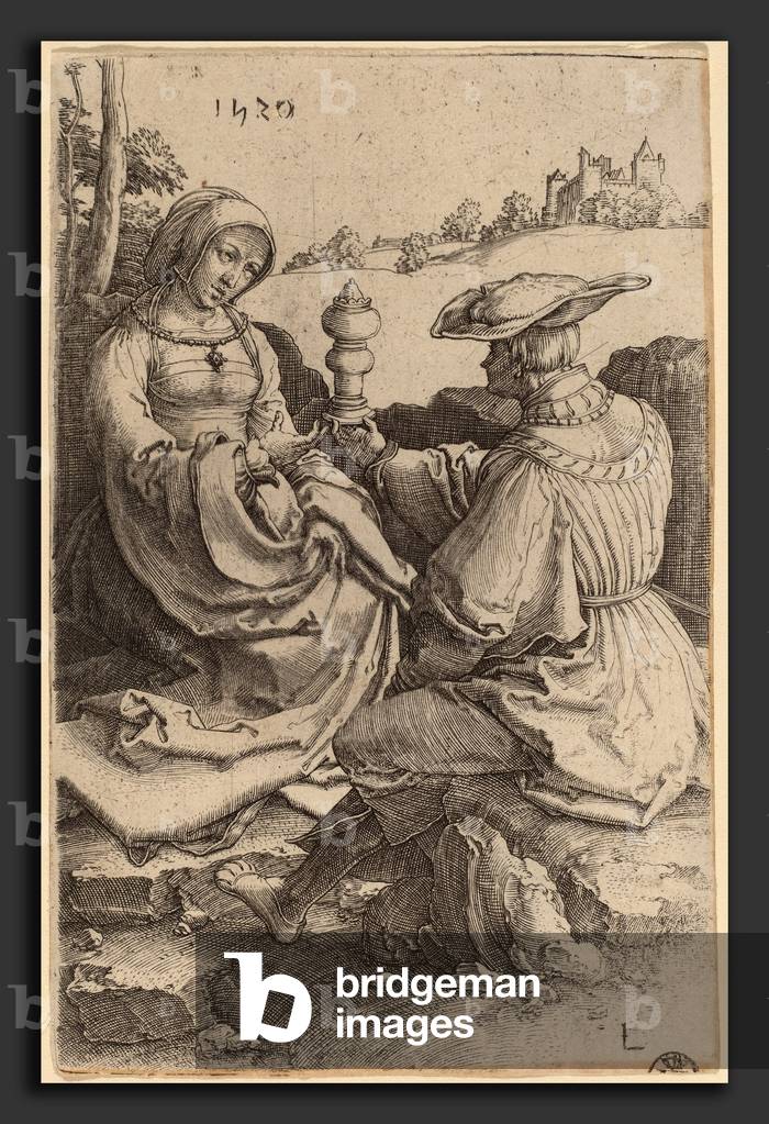 Lucas van Leyden (Netherlandish, 1489-1494 - 1533), A Nobleman and a Lady Seated in a Landscape, 1520, engraving ©LisztCollection/Leemage