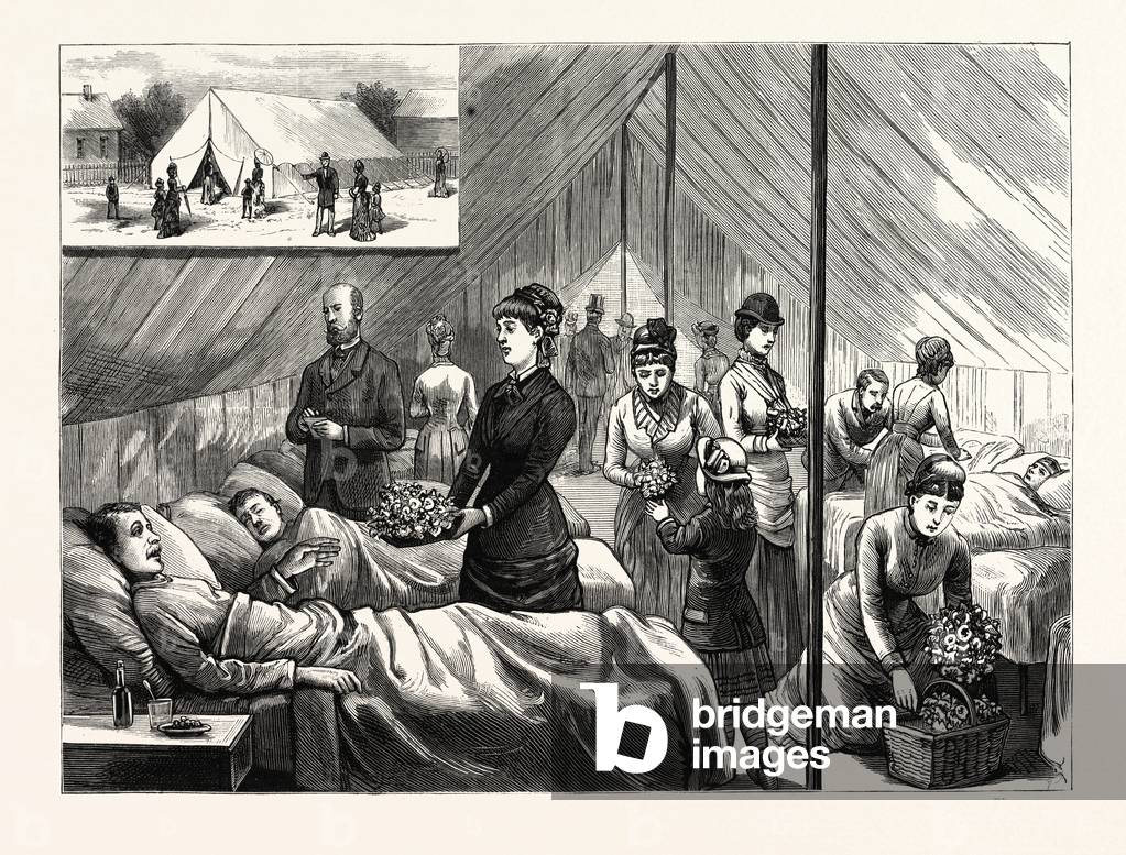 New York: Ladies of the Flower and Fruit Mission Waiting Upon Patients, in the Hospital Tent on Ninety-Ninth Street, U.S., Engraving 1880 1881