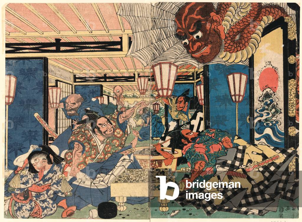 Raiko Shitenno to Tsuchigumo, Raiko Shitenno [Minamoto Yorimitsu] and the Earth Spider. [Between 1804 and 1808], 1 Print (2 Sheets) : Woodcut, Color., Print Shows an Interior View of Room with Minamoto Yorimitsu and Another Man at a Go Gameboard As a Demon Crashes Through the Roof.