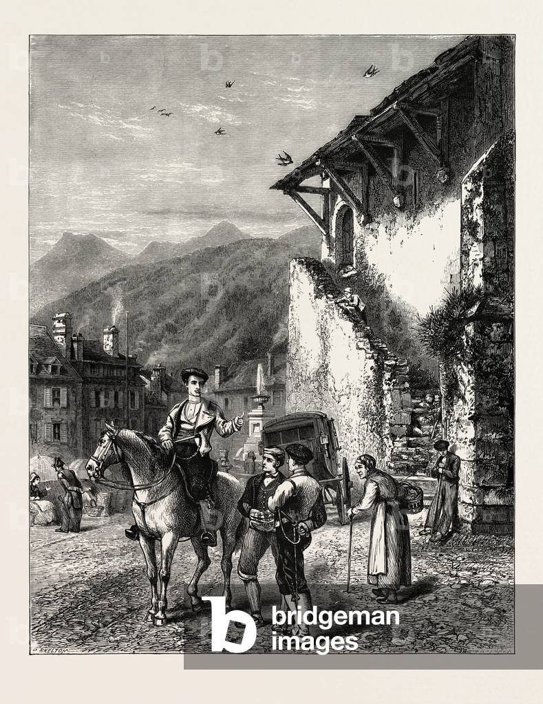Market Place at Laruns, the Pyrenees, France, 19th Century Engraving