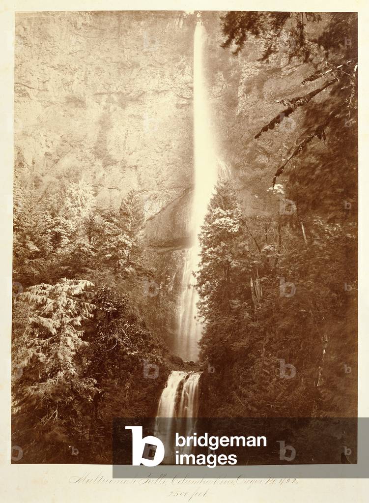 Multnomah Falls, Columbia River, Oregon, 2500 feet.; Carleton Watkins, American, 1829 - 1916; Multnomah, Oregon, United States, North America; 1867; Albumen silver print; Image: 52.2 x 40 cm (20 9/16 x 15 3/4 in.), Mount: 71 x 52.9 cm (27 15/16 x 20 13/16 in.) -