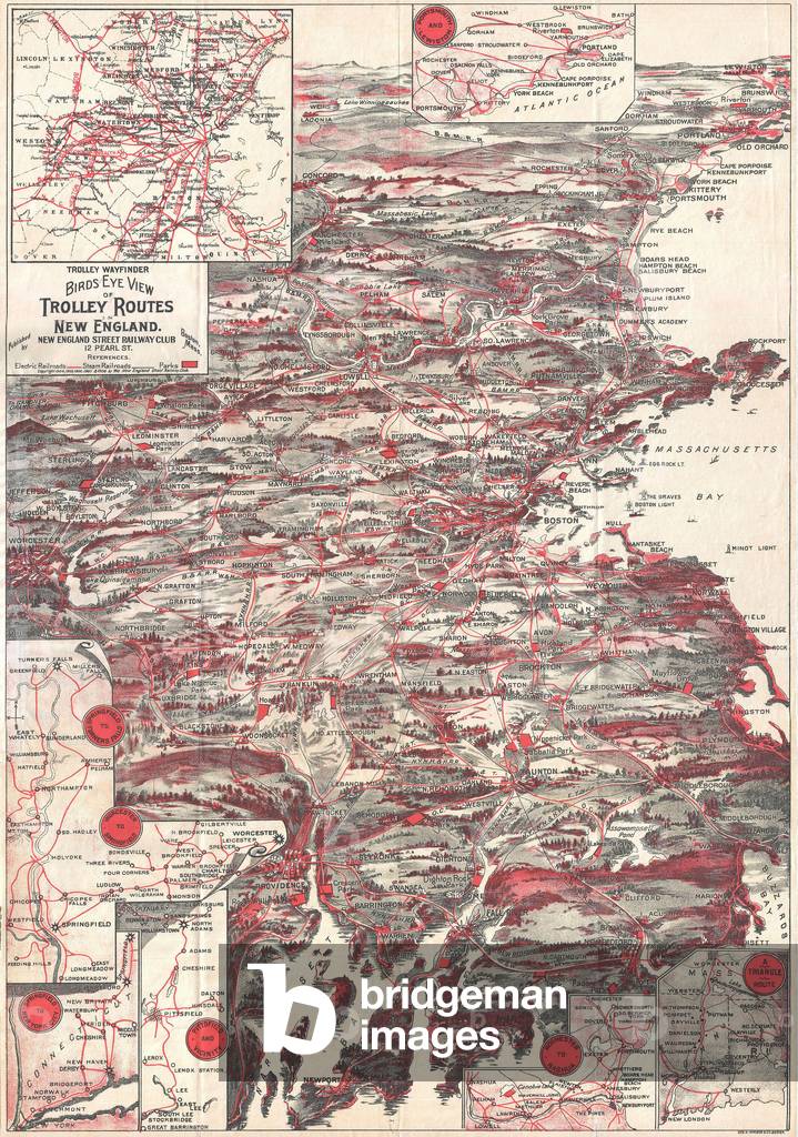 1898, Walker Trolley Map and View of New England centered on Boston