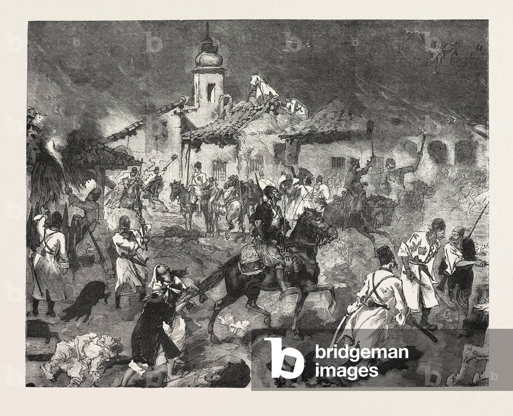 Turko Servia War, Arnauts and Circassians and Burning with Petroleum the Village of Tesica, Engraving 1876
