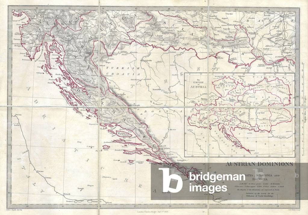 1852, S.D.U.K. Mappa tascabile dei Balcani, Croazia, Dalmazia, Sclavonia