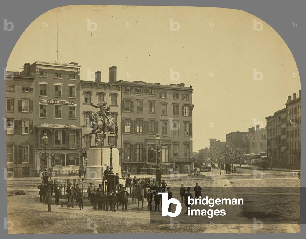 14th Street with Union Square and Washington Monument; Attributed to Silas A. Holmes, American, 1820 - 1886; about 1855; Salted paper print; Image: 31.1 x 40.3 cm (12 1/4 x 15 7/8 in.), Mount: 42.2 x 46.7 cm (16 5/8 x 18 3/8 in.) -