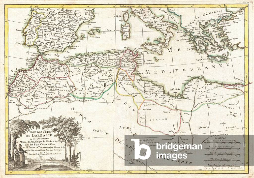 1771, Bonne Mappa del Mediterraneo e della costa del Maghreb o Barbary, Rigobert Bonne 1727 Ð 1794, uno dei ca