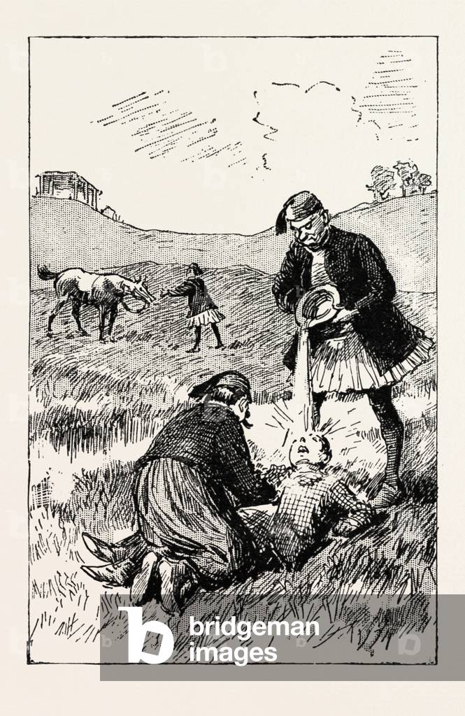 A Morning Ride in Athens, Greece, Lying on the Opposite Bank in a Very Dazed Condition, I Am Succoured by Some Kind Wayfarers., Engraving 1890