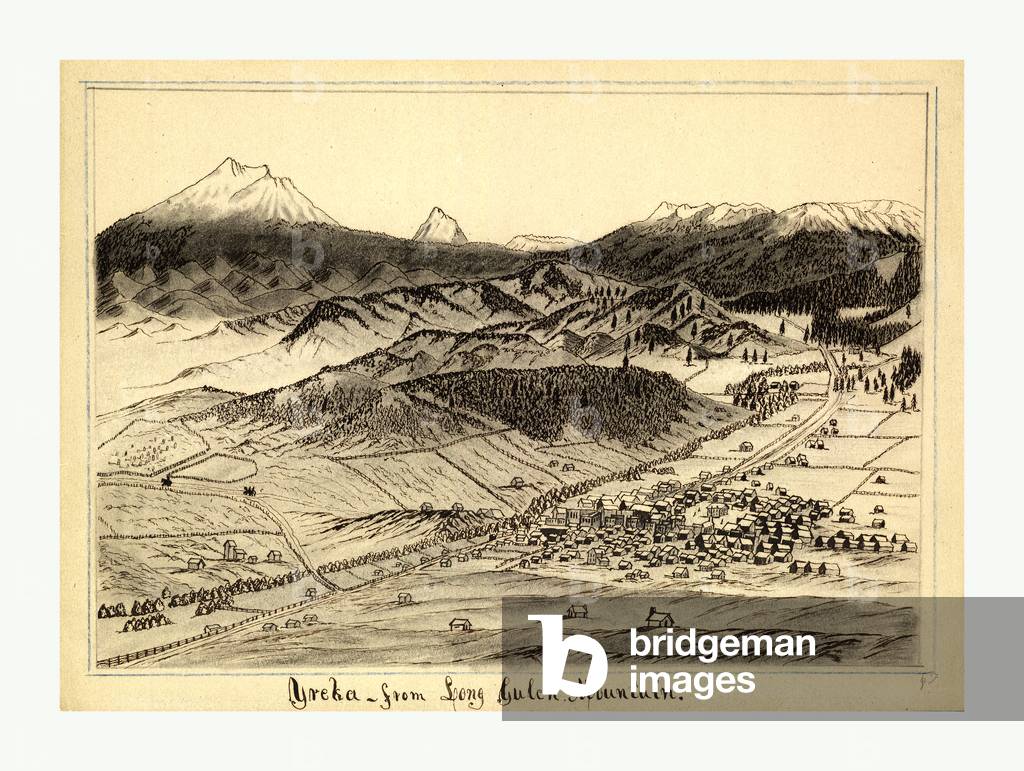 Bird's Eye View of the Town of Yreka, California Looking South from Long Gulch Mountain, US, USA, America