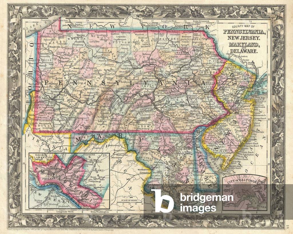 1863, Mitchell Map of Pennsylvania, New Jersey, Delaware and Maryland