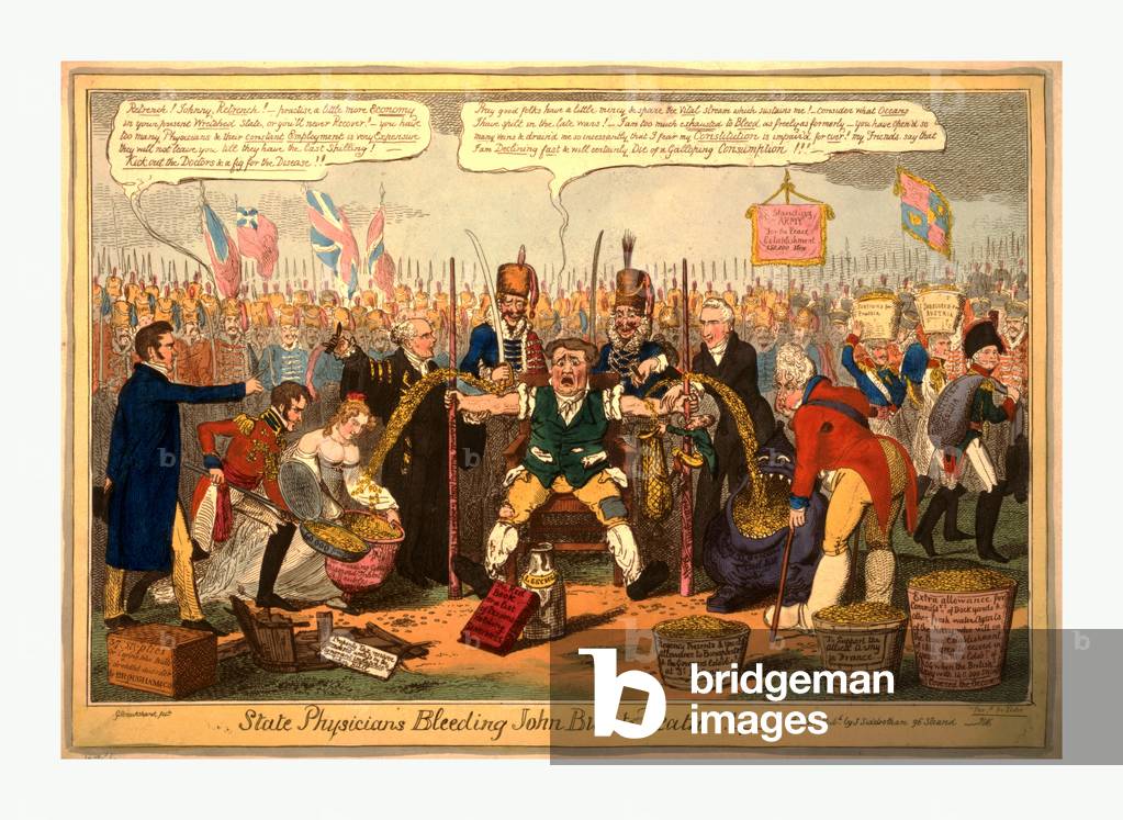 State Physicians Bleeding John Bull to Death!!, Cruikshank, George, 1792-1878, Artist, Engraving 1816., Vansittart and Castlereagh, As Surgeons, Bleeding Coins from the Arms of John Bull. The Coins Are Collected by Prince Leopold, Princess Charlotte, a Tiny Mahon, a Chinese Mandarin, and the Gouty Regent. Brougham, Stands on the Left, Pointing Finger at John Bull, Saying, Retrench! Johnny, Retrench! Practise a Little More Economy.