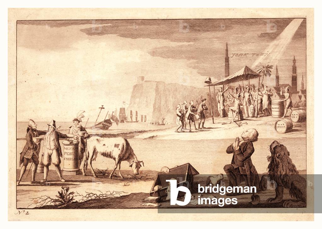 York Town, En Sanguine Engraving Shows America Receiving the Surrender of Cornwallis in the Background, While an Emaciated Cow Representing English Commerce is Robbed of Her Milk by France, Spain, and Holland in the Left Foreground, on the Right a Frock-Coated Englishman Begs, As Does the British Lion, Whose Paw Has Been Injured by a Broken Teapot.