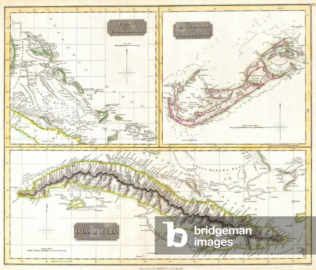 1815, Thomson Map of Cuba. Bermuda and the Bahamas, John Thomson, 1777 - 1840, was a Scottish cartographer from Edinburgh, UK
