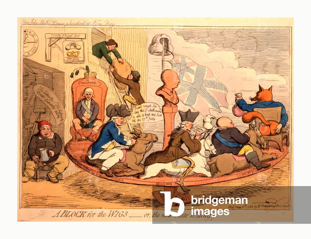 A Block for the Wigs or, the New State Whirligig, Gillray, James, 1756-1815, Artist, Engraving 1783, a Carousel on which Sit Government Ministers Charles Fox, Lord North, Edmund Burke and Admiral Keppel. Beam in the Center of the Carousel Platform is a Pillar Topped by a Bust of King George III, a Wig and Union Jack Suspended Over the Bust. In the Background Two Robbers Lower a Large Bundle from the Window of a Building. An Inscription above the Cartoon Reads Poor John Bull's House Plunder'D at Noon Day.
