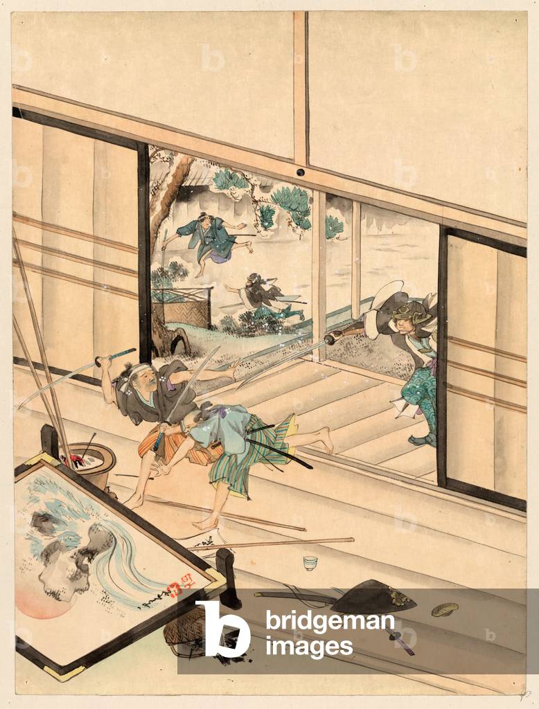 [Juichidanme - Act Eleven of the Chushingura - Assualt on Kira Yoshinaka's Home - Pursuing the Guards] [Between 1800 and 1850] Print Shows a Scene During the Attack on Kira Yoshinaka's Home by the 47 Ronin, with the Samurai Chasing Kira's Guards Into the House.