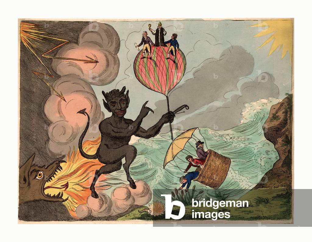 To His Royal Highness Fredrick Duke of York, This Plate of Satan Holding Th Prepondrence of Power or Bounaparte's Threat, is Most Humbly Inscribed, by E. Sanders, Engraving 1803, Satan Holding a Balance to which, on One End is Attached a Hot-Air Balloon with a Bishop, Possibly the Duke of York, and Another Man Standing on Top, Its Lightness Has Skewed the Balance to End Over End; at the Other End is a Parachute with Three Men Standing in the Basket, It is About to Crash on the Coast of England. Behind Satan Are Storm Clouds, Lightning, and a Flame Emitting Serpent; They May Represent the Gathering Storm of the Threat of Invasion by Napoleon. Includes Lengthy Text with Several Speakers and Numerous Citations from the Bible, Such As Behold the Balance of Unequel Freight As Recent Prophets Tell Ez XVIII 25, and As Bony Napoleon Says, He! He! He! I Have Got Them All Now! I'Ll Lead Them a Dance to the Point of the Lance, on the Top of the Air Balloon Isa XXXVI 12, Vide X 3., Jer V 31, Amos IX 2, 3-10, Oba 10. It Concludes with an Invitation: Say, O Ye Sons of Ephraims, Care, What Joy? What Glory Will You Share? When to the World Sweet Peace Returns, by the Zeal Your Bosom Burns, Then Join with Me Ye Men Forlorn! for Unto You a Son is Born! the Delegate of Heaven Isa LXVI 9, Vide Xix 23, 24, 25,   Say Unto the Cities of Juda, Behold Thy God, Say Unto the Daughters of Zion, Thy God Reigneth, for Unto You that Fear His Name Shall the Son of Righteousness Arise with Healing in His Wings, and to Him Shall the Gathering Together of All People Be Mal IV 2