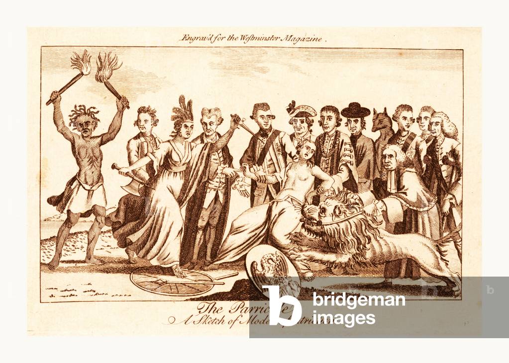 The Parricide a Sketch of Modern Patriotism, En Sanguine Engraving, a Woman Wearing a Feathered Headdress, Representing America, Stepping on Britannia's Broken Spear and Shield, She Lunges from the Left, at the Direction of John Wilkes, Toward Britannia Who is Being Restrained by Two Men, at the Same Time the British Lion Lunges from the Right, Guided by Lord Camden. Several Ministers Assist with the Parricide, and on the Far Left, Discord, an Old Medusa-Like Hag, Raises Two Torches in Victory. An Abyss Appears to Be Opening at Britannia's Feet.