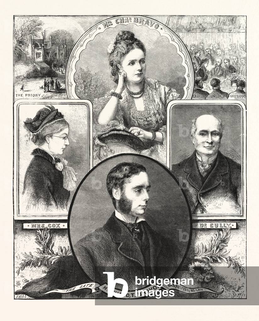 The  Balham Mystery, Portraits of the Late Mr. Bravo, Mrs. C. Bravo, Mrs. Cox, and Dr. Gully, Engraving 1876, UK