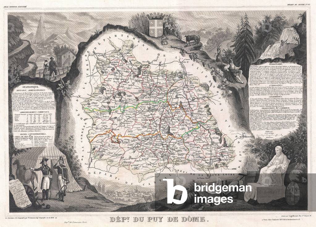 1852, Levasseur Map of the Department Du Puy de Dome, France