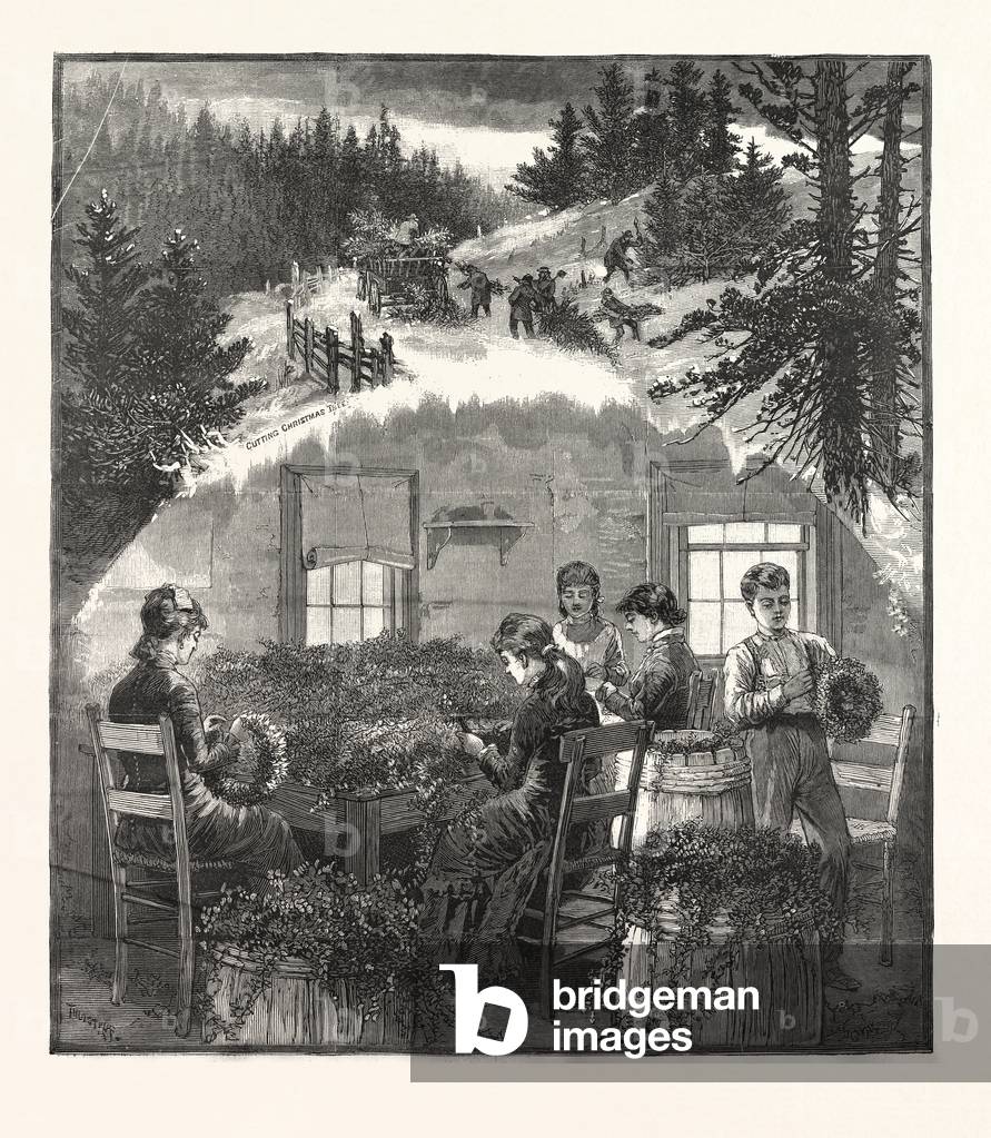 Making Wreaths, Preparing Christmas Greens, US, USA, America, United States, American, Engraving 1880
