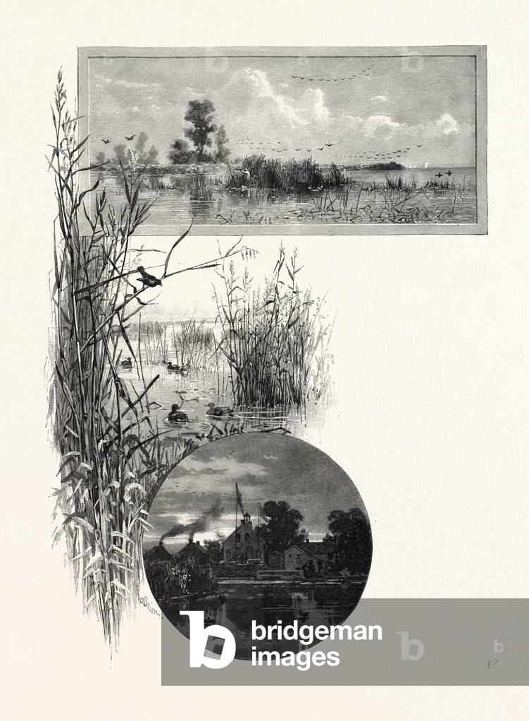 Duck Shooting, Long Point (Top); Club House (Bottom), Canada, Nineteenth Century Engraving