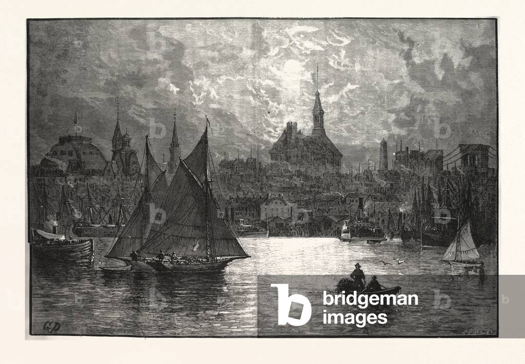 New York a Cortlandt Street Ferry-Boat, Jersey Side. Drawn Granville Perkins, Engraving 1880, US, USA