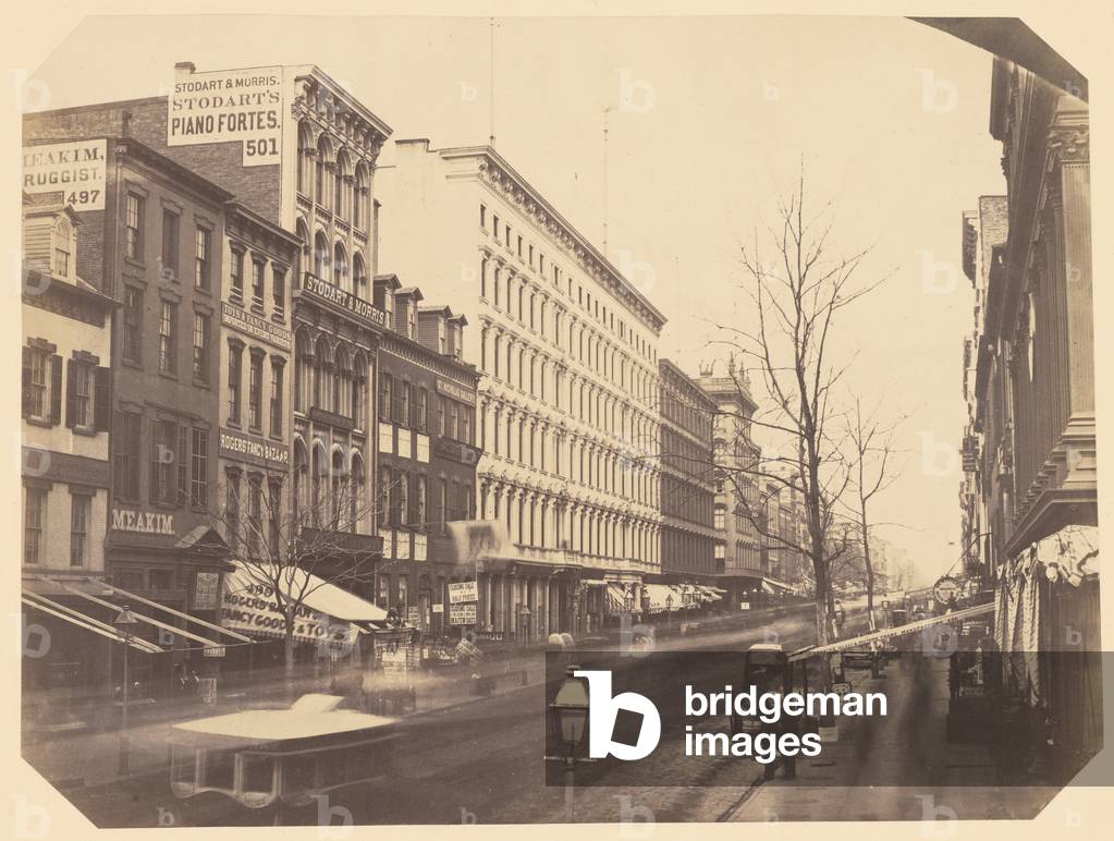 [Broadway, looking north from Broome Street, New York]; Attributed to Silas A. Holmes, American, 1820 - 1886; about 1853 - 1855; Salted paper print; Image: 29.2 x 39.1 cm (11 1/2 x 15 3/8 in.) -