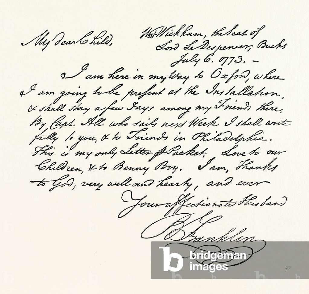 Facsimile of a Letter from Benjamin Franklin, US, USA, 1870s Engraving