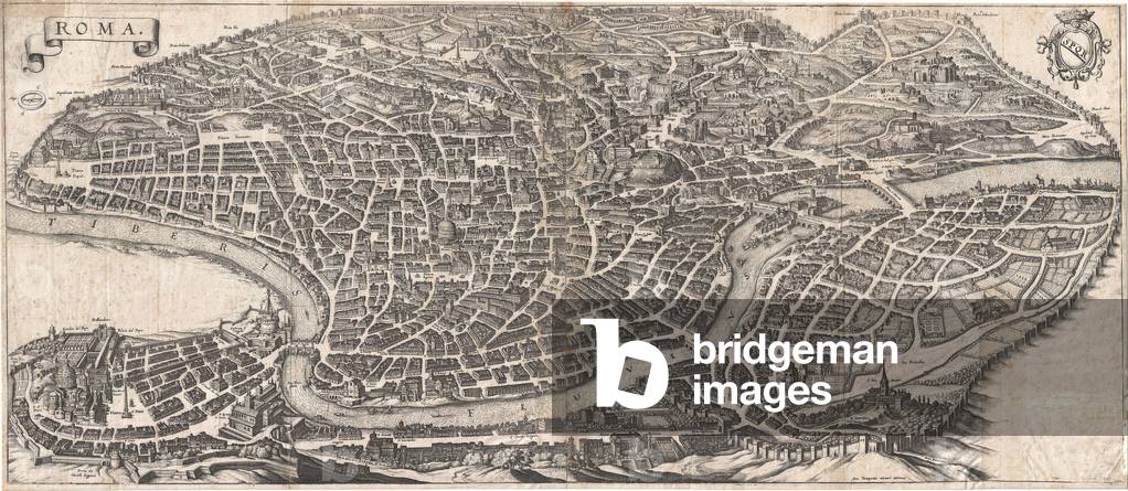 1652, Merian Panoramic View or Map of Rome, Italy