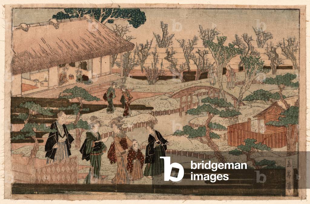 Ume Saku(?) Niwa, Garden with Blossoming Plum. [Between 1818 and 1830], 1 Print : Woodcut, Color ; 17.9 X 27.6 ., Print Shows Several People Walking in a Garden Among Blossoming Plum Trees, Also, on the Left, a Building with Thatched-Roof.