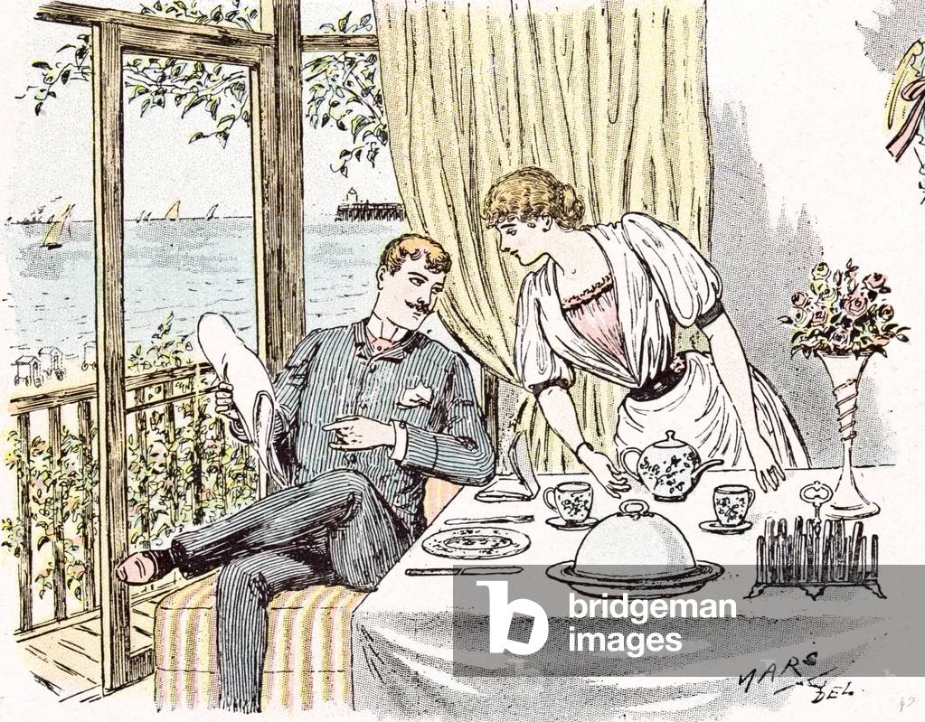 Wedding Anouncement in 1892 at the British Seaside (colour litho)