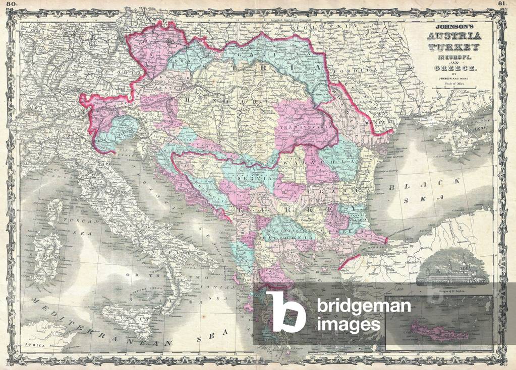 1863, Johnson Map of Austria, Hungary, Turkey, Italy and Greece