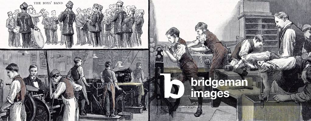 Printing Office and the Carpenters Shop the Anniversary of the Little Boys Home at Farningham and Swanley, 1891 (engraving)