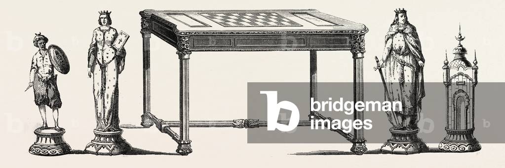 Table and Main Parts of a Chess Game, Executed in Ebony, Bronze, Gold and Silver. Engraving 1855