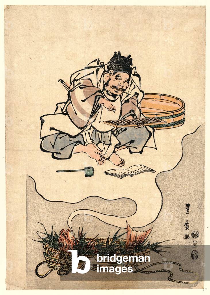 Tai No Yume Ebisu No Soroban, the Red Snapper's Dream: Ebisu Using an Abacus. 1805., 1 Print : Woodcut, Color ; 34.6 X 24 ., Print Shows a Red Snapper in a Basket Dreaming that Ebisu, One of the Seven Lucky Gods of Japan, is Using an Abacus.