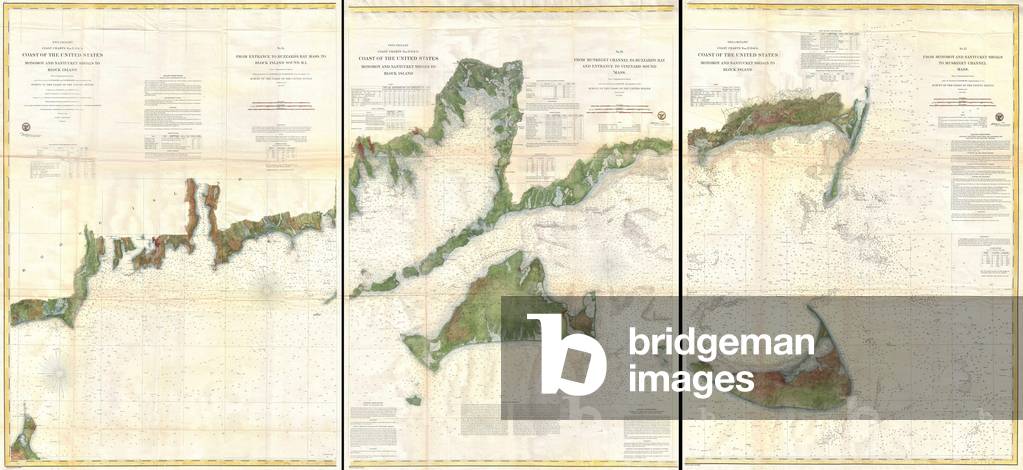 1860, U.S. Coast Survey Map of Block Island, Buzzard Bay, Nantucket and Marthas Vineyard