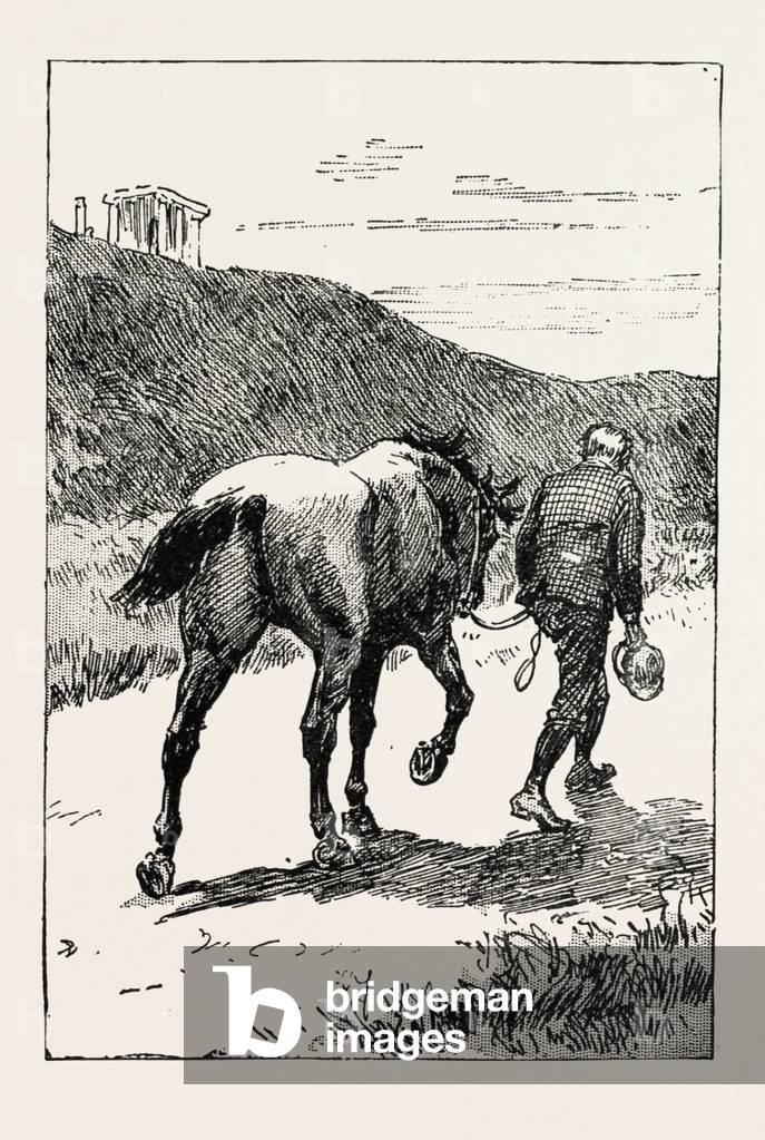 A Morning Ride in Athens, Greece, But My Zest for the Excursion Has Gone, and I Turn and Sadly Retrace My Way, Leading My Steed, Whose Saddle I Now Discover, for the First Time, is Missing!, Engraving 1890