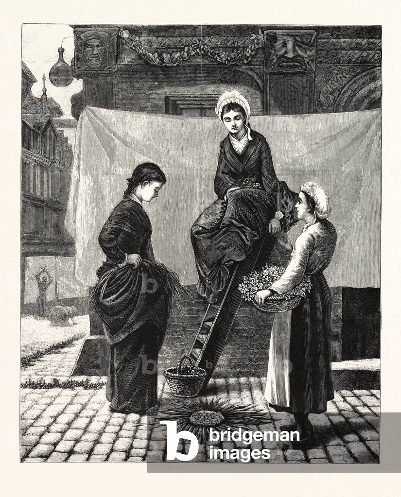 Preparing for the Fete Dieu at Lisieux, France, Engraving 1876