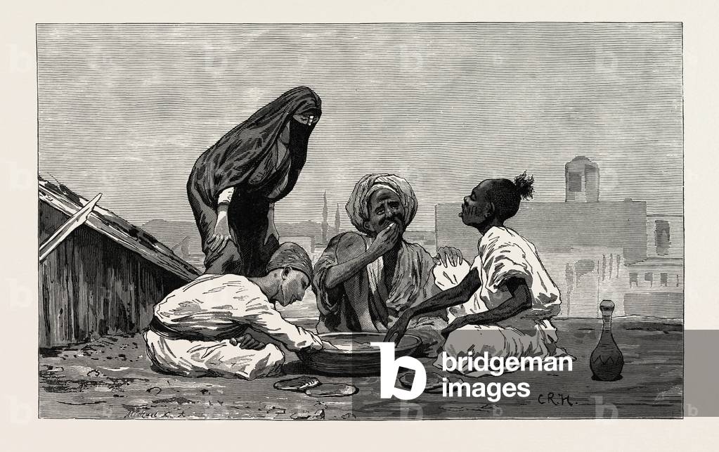 Fellaheen at Meals. Egypt, Engraving 1879