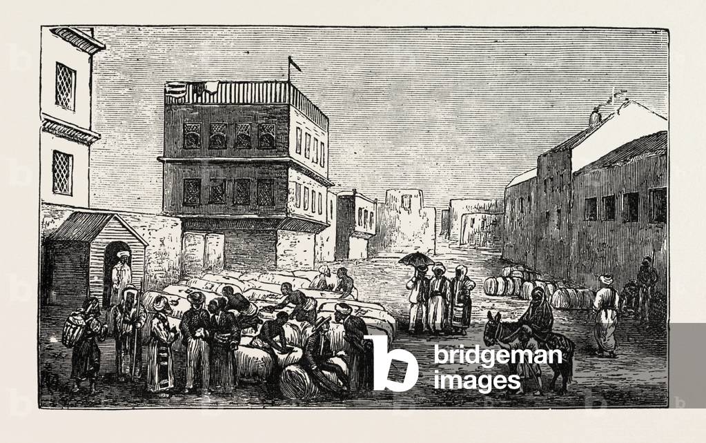 Cotton Yard, Minet El Basel, Alexandria, Drawing Samples from Cotton Bags, Egypt, 1873 Engraving